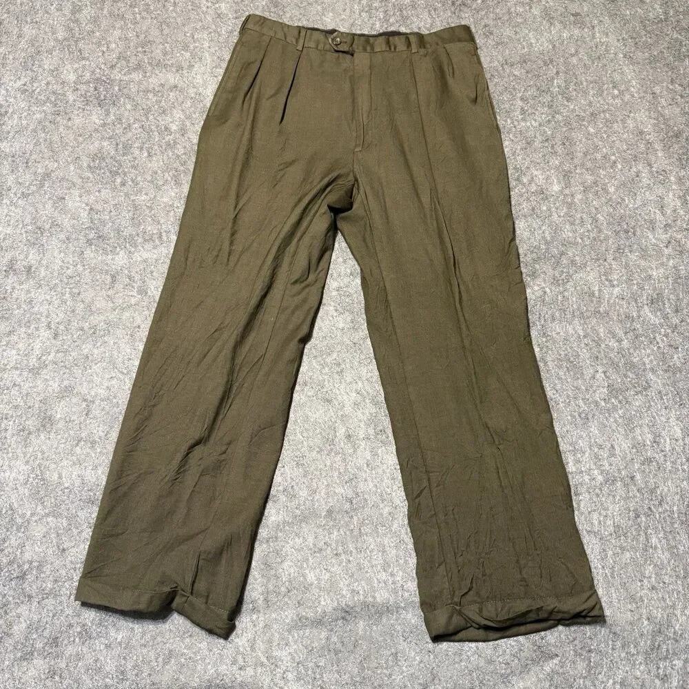 Vintage Harold Powell Mens Pleated Dress Pants Size 35 Olive Cuffed Wool Italy